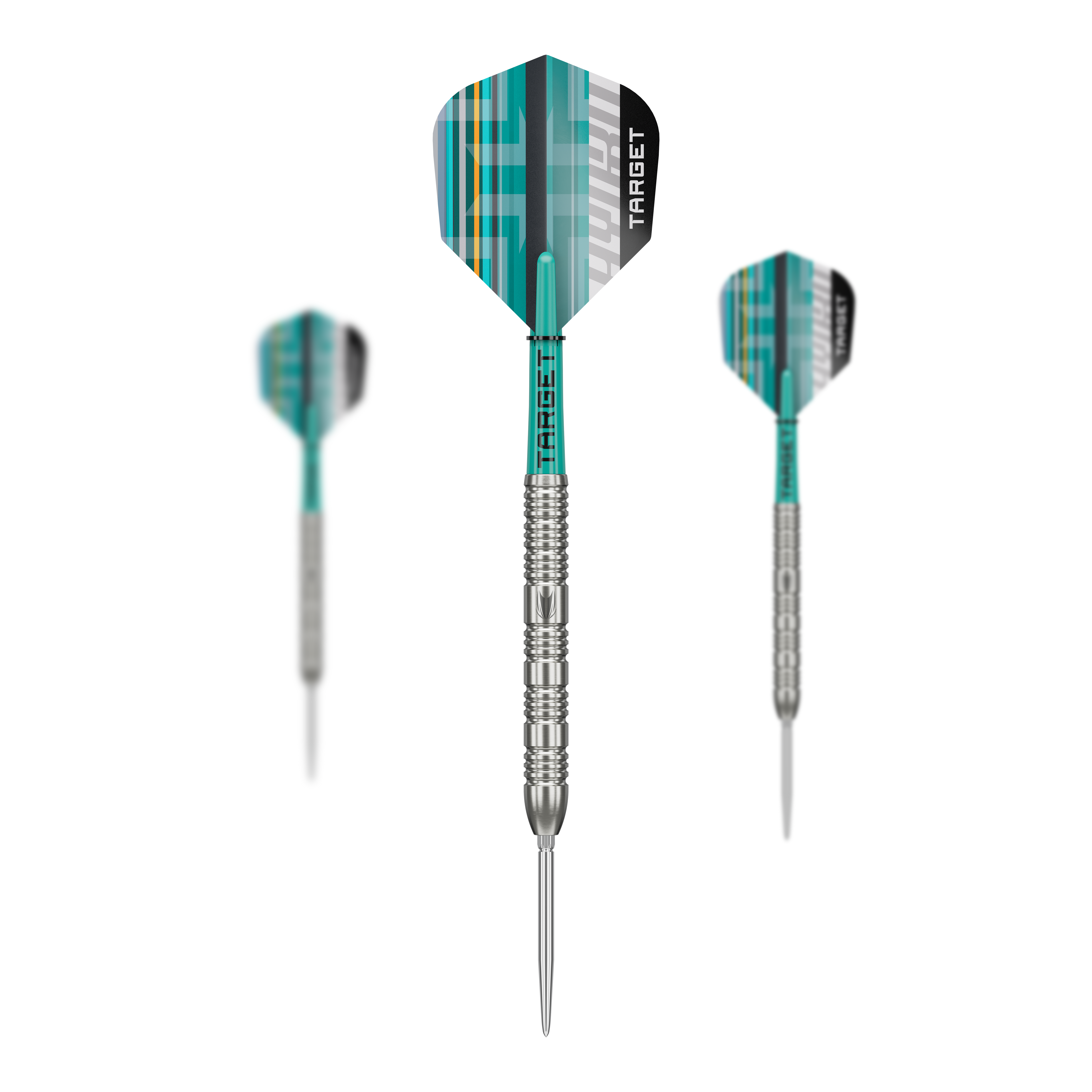 Das Foto zeigt ein Set der Target Hydro 02 Swiss Point Steeldarts. Die verschiedenen Teile des Sets sind gut erkennbar.